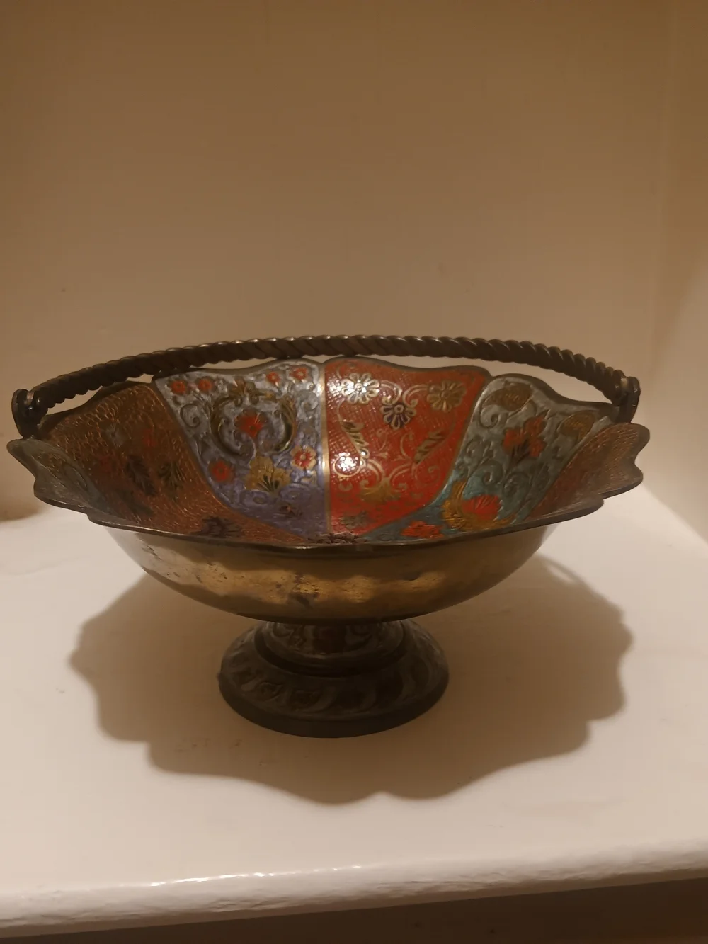 Vintage Brass Cloisonne Pedestal Basket Bowl